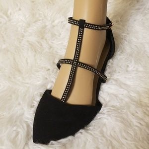 Strappy pointed studded black flats